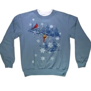 Blue Winter Pullover Sweatshirt Snow Scene Red & Yellow Cardinals Snowflakes